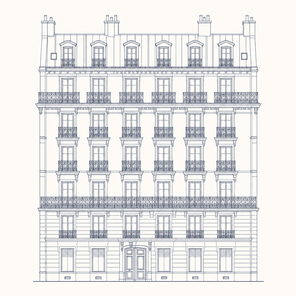 Élévation au trait d'un immeuble haussmannien